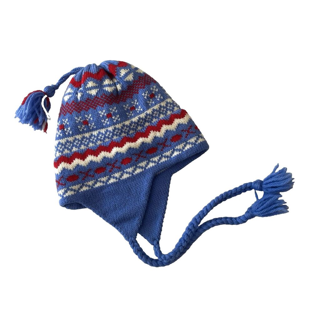 VTG Marceau Pure Wool Nordic Fair Isle Ski Snow Hat Beanie USA Blue Tassle Retro